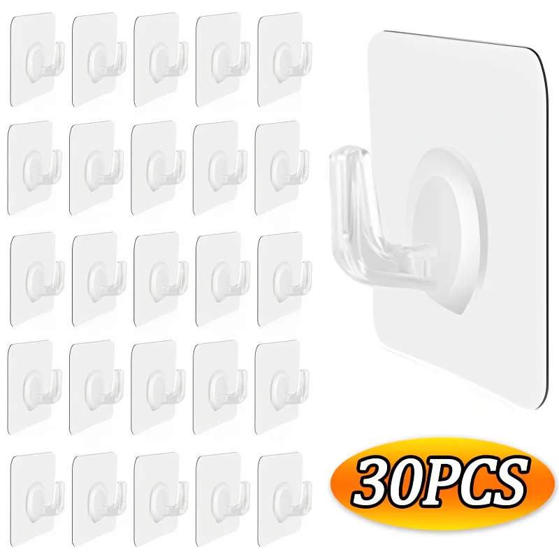 30/5PCS Transparent Wall Mounted Hooks Self Adhesive Door Wall Hangers Hooks Heavy Load Rack for Kitchen Bathroom Accessories