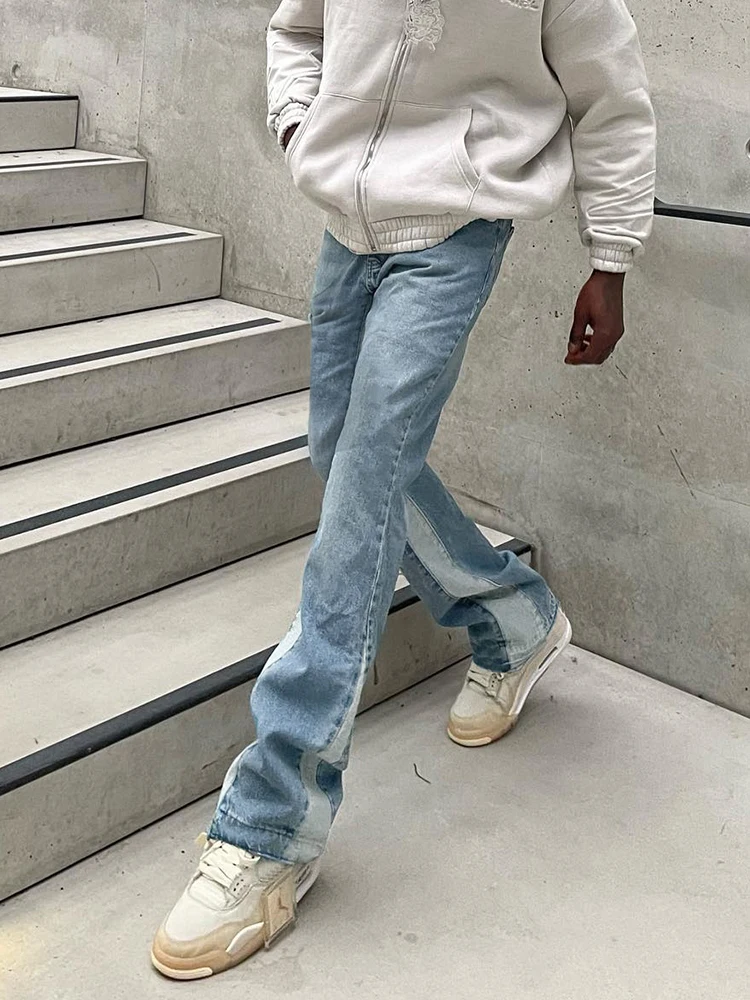 Baggy Jeans Men Fashion Side Stripes Aesthetic Jean Trousers Vaqueros Y2K Autumn Light Blue Distressed Straight Leg Denim Pants