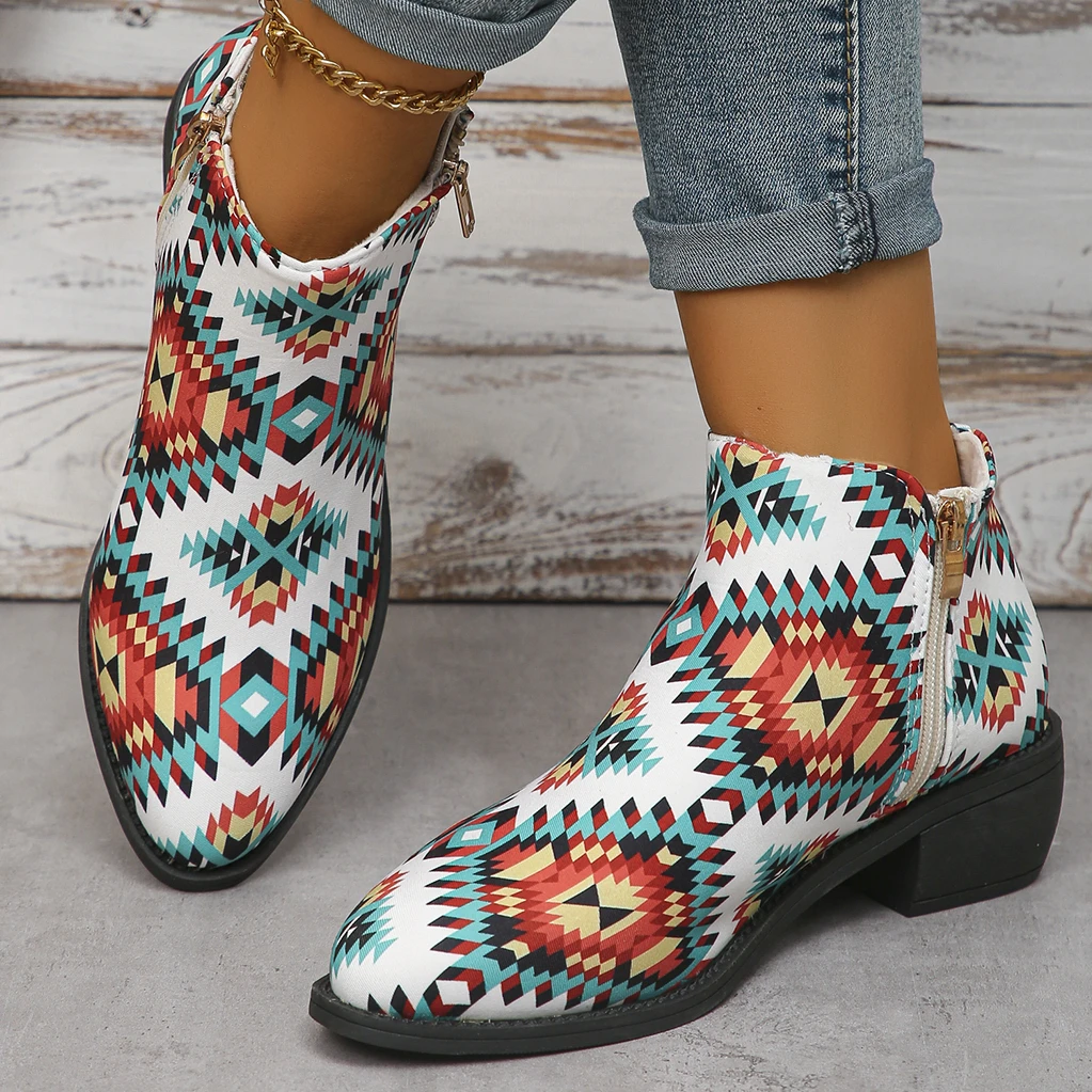 

2023 Women's Shoes Women Boot Side Zipper Autumn Pointed Toe Mixed Colors Short Barrel Chunky Heels Plus Siz Boots cowboy boots