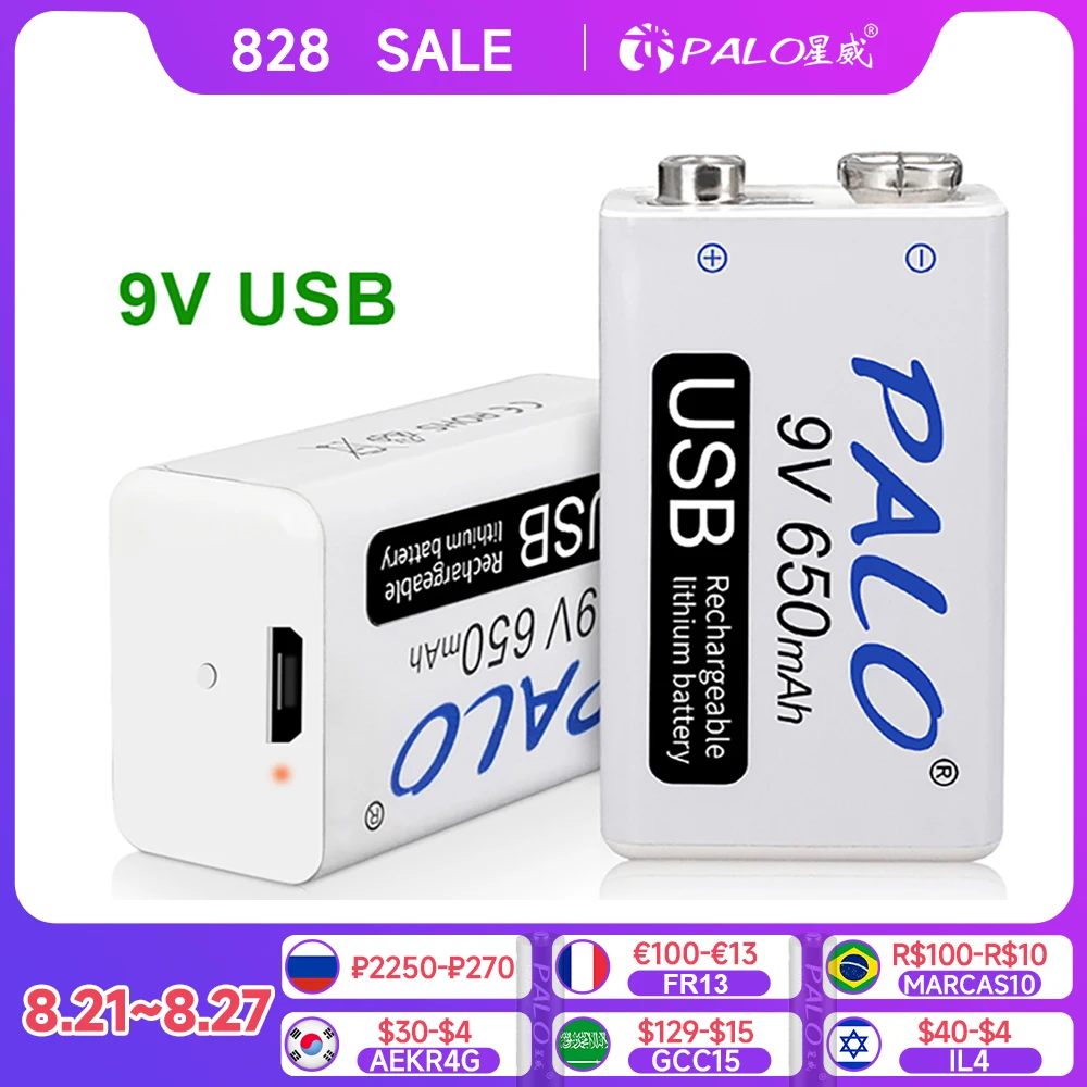 Rechargeable 9V Battery 650mAh Micro USB 9 Volt 6F22 Lithium