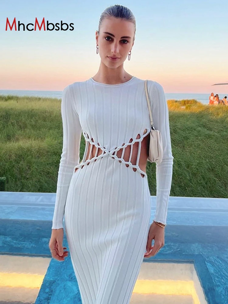 

Sexy Ribbed Hollow Out Knitted Midi Dress Women Long Sleeve Elegant Slim Party Vestidos 2022 Spring Fall Harajuku Fairy Grunge