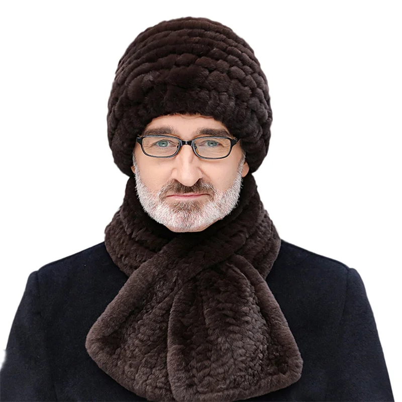 Men Winter Warm Real Rex Rabbit Fur Hat Snow Cap Winter Hats Add Scarf For Men Real Fur Knit Skullies Natural Fluffy Hat
