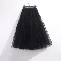 vintage printing tulle skirt women elastic high waist mesh skirts long pleated tutu skirt female jupe longue