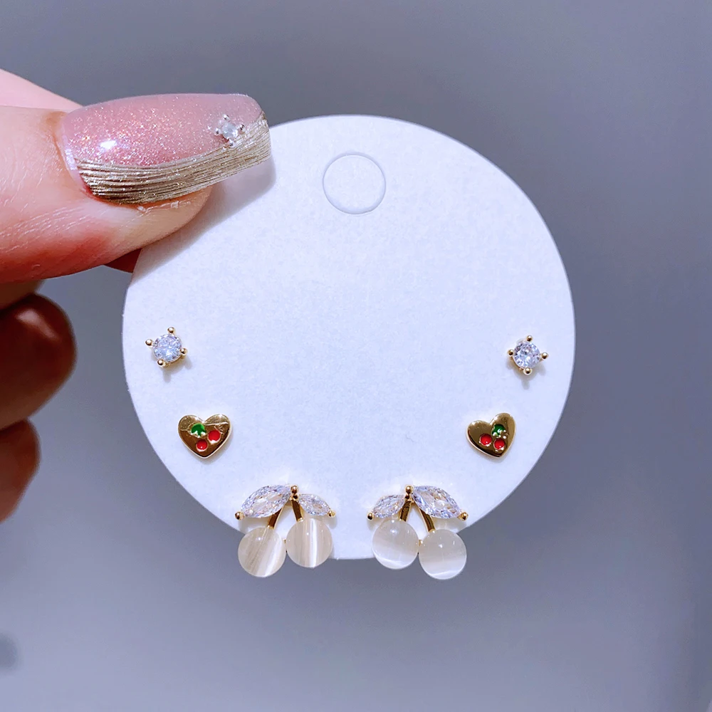 Высококачественные 3-парные серьги-гвоздики с камнем кошачий глаз и вишней для