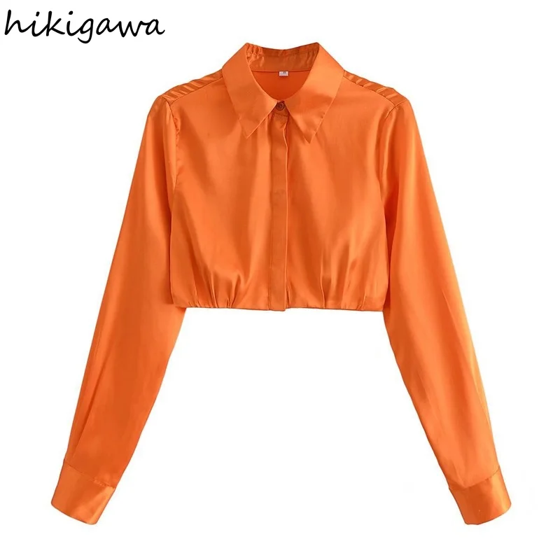 

Hikigawa Women Fashion Stain Texture Cropped Turn Down Collar Button-Up Casual Shirts Vintage Long Sleeve Female Blouse Chic Top