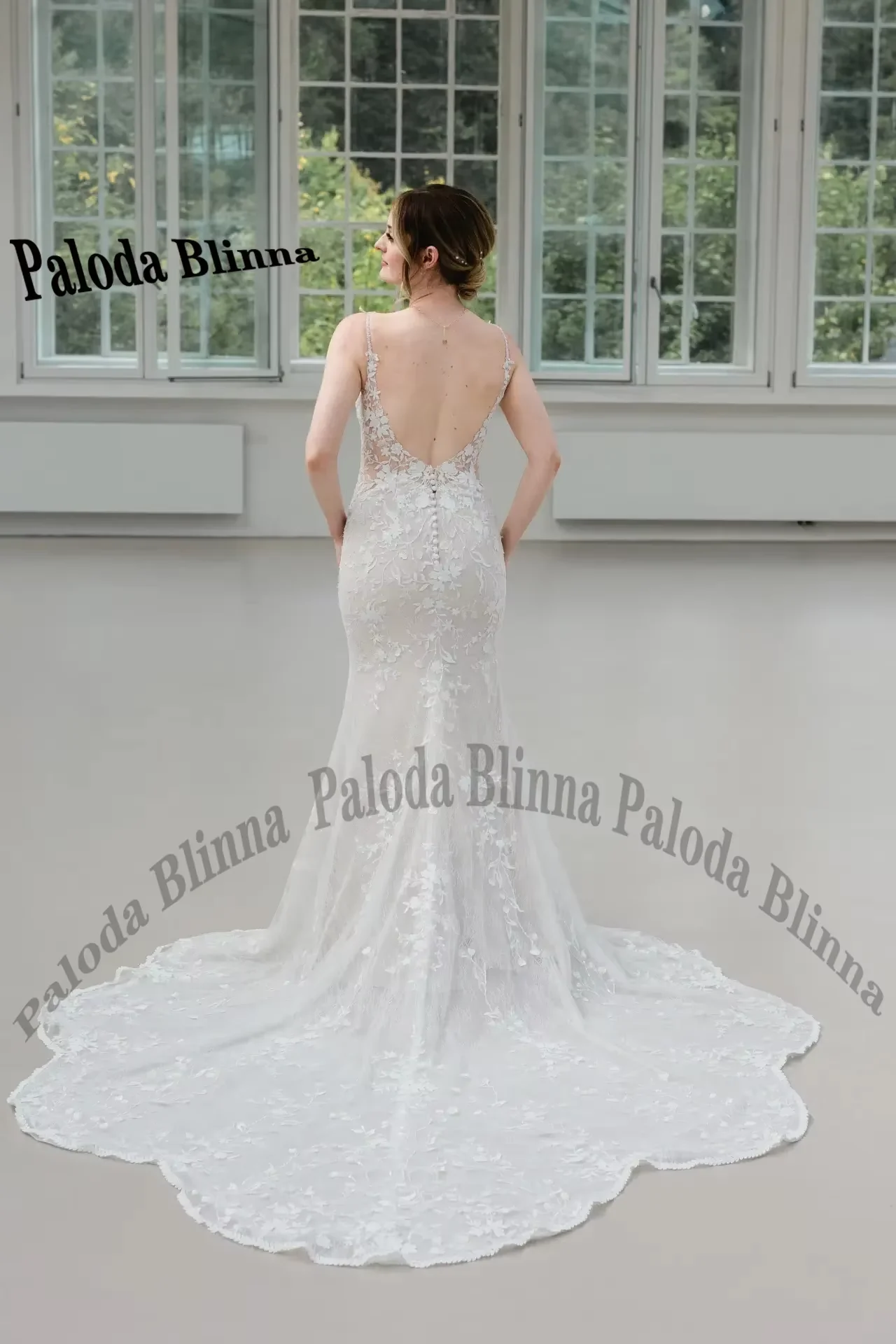 Paloda Необычное свадебное платье на тонких бретельках Русалка с открытой спиной и