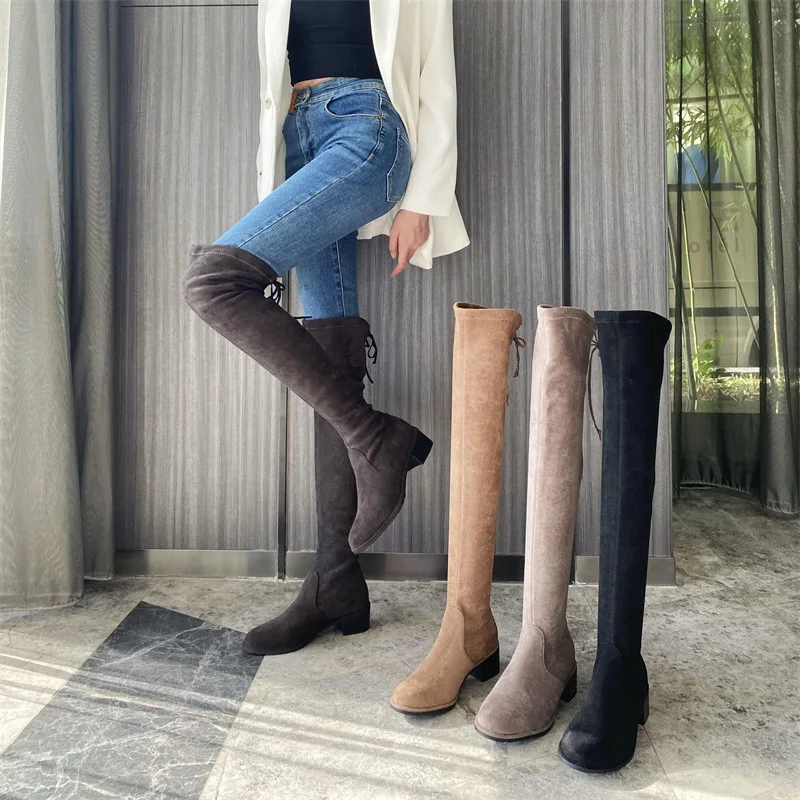 Round Toe Knight Long Boots Over Knee Square Heel Women Shoes Black Botas Femininas Fall Zapatos Mujer