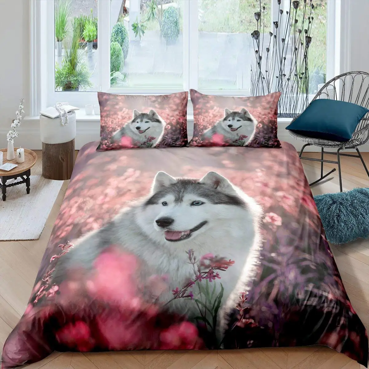 

Husky Duvet Cover Puppy Pet Flower Floral Jungle Natural Scenery Cute Animal Bedding Set Polyester Double Queen King Quilt Cover