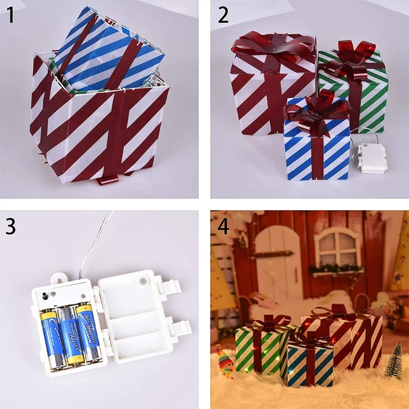 

X37E 3pcs Lighted Gift Boxes Christmas Decorations with Bows Red Green Blue Stripe Present Box Holiday Party Home Yard Decor