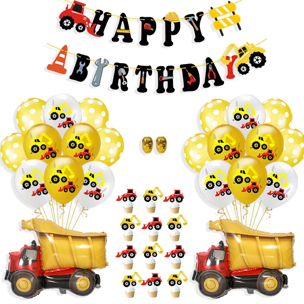 

SURSURPIRSE Engineer Theme Construction Truck Yellow Excavator Foil Balloon Banner Cake Topper for Boys Birthday Party Supplies