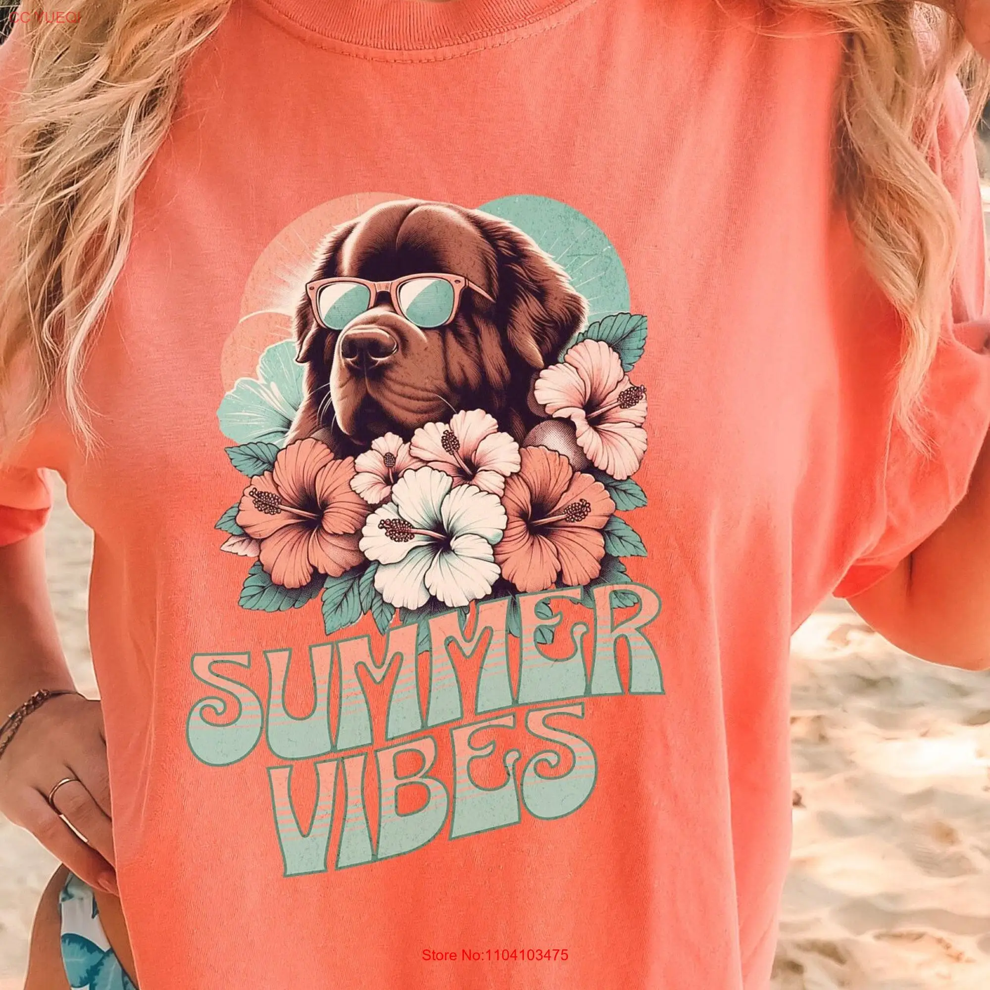 Коричневая футболка Newfie Summer Vibes для маленьких собак и мамочек с длинным или