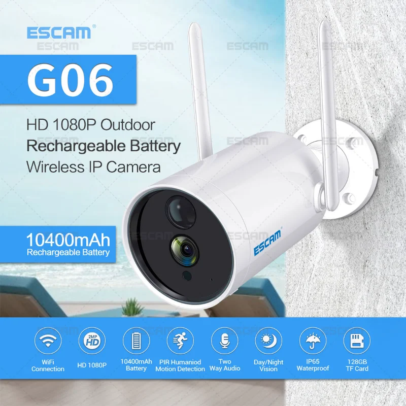 

ESCAM G06 IP Camera 1080P HD Surveillance Camera PIR Alarm Wireless Wifi Camera Outdoor Security Cam with Rechargeable Battery