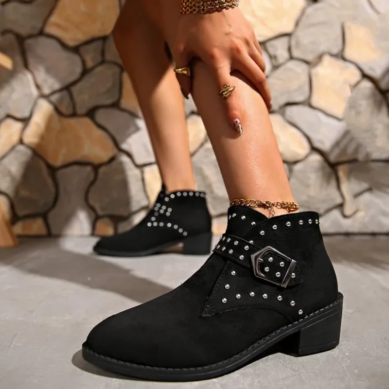 New Winter Brown Pointed Toe Square Heel Comfortable Women's Boots Thick Sole Sexy Elegant Fashion Suede Shoes