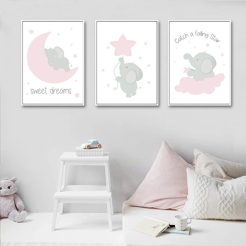 

Nursery Poster Baby Art Prints Pink Elephant Canvas Painting Star Moon Posters Nordic Print Modern Wall Pictures Kids Room Decor