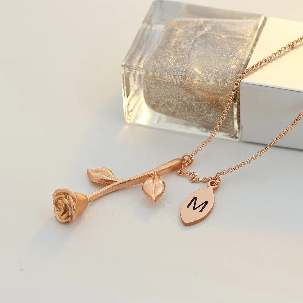 Romantic S925 Silver Valentine's Day Rose Flower Pendant Initial Letter Necklace For Women Wife Couple Gifts Jewelry