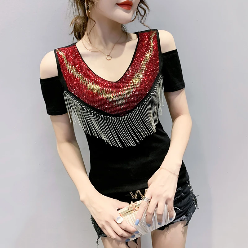 

Black Off Shoulder T-Shirts For Women With Tassel Casual Tight Womens T Shirt Diamonds V Neck T-shirt Femme Sexy Summer 2022