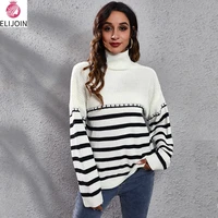 elijoin stripe stitching falling shoulder turtleneck knitted sweater women loose autumn and winter new pullover sweater