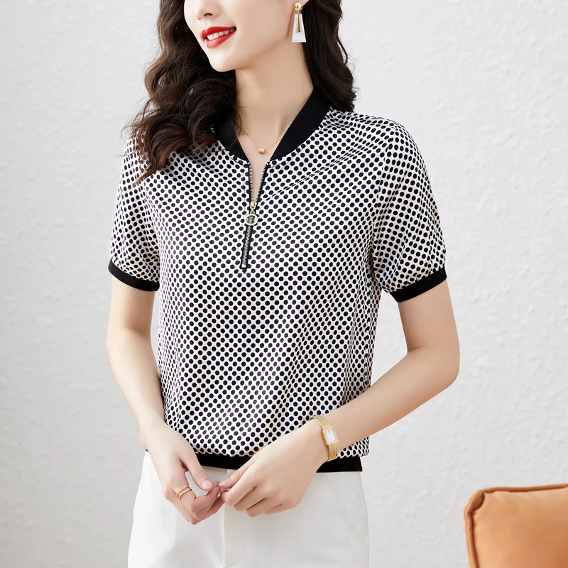 

High-end 2022 Summer New Korean Fashion Women Shirts Acetate Casual SATIN Tops Polka Dot Tees For Ages 18-35 Years Old
