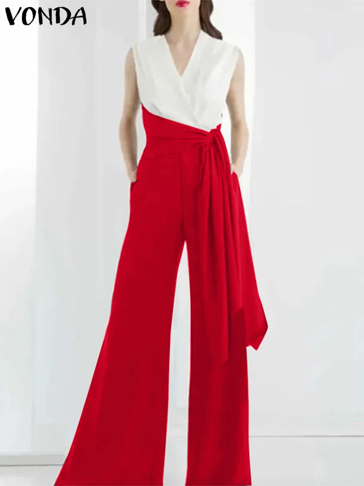 Women Sleeveless Party Jumpsuits 2023 VONDA Sexy V-neck Rompers Elegant Office Lady High Waist Side Pockets Patchwork Playsuits