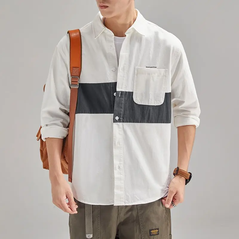 

Мужская свободная рубашка с отложным воротником, Повседневная Уличная рубашка составного кроя с длинными рукавами, модель Y48 в Корейском стиле на весну и осень, 2022