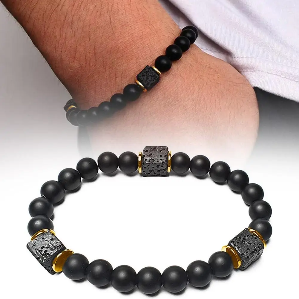 Мужской черный классический матовый браслет Obisidian с бусинами из Лабрадорита