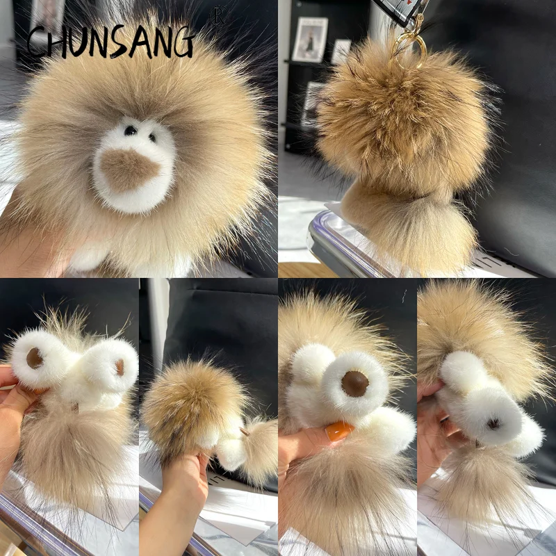 Lion Natural Mink Real Fur Handmade Cute Key Chain Bag Accessory Car Keychain Keyrings Gift for Women Girl Accessories