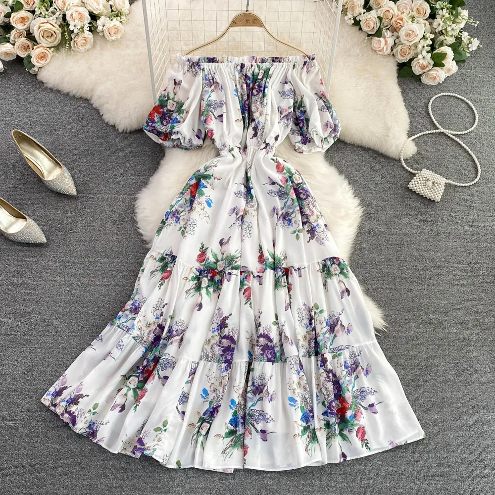 

SuperAen 2022 New Summer A-line Off-the-shoulder Slash Neck Waist Slimming Casual Mid-Calf Woman Dress