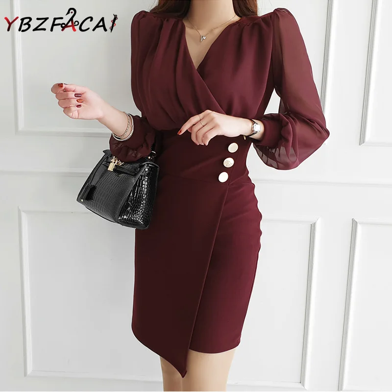 

Корейское цельнокроеное женское платье, модное приталенное офисное платье с V-образным вырезом и сеткой, привлекательное красное платье с в...