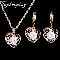 girls rhinestone pendants necklace earrings jewelry set hollow out heart shape fashion for women