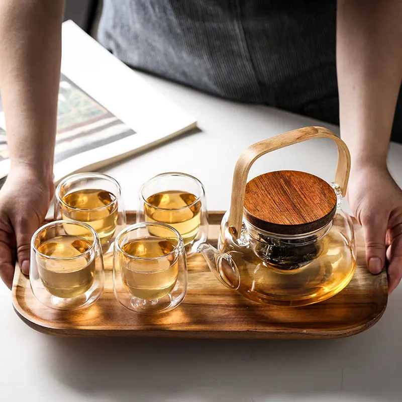 

Heat Resistant Glasses Teapot Tea Cup Set Home Cafe Flower Tea Brewing Maker Filter Water Kettle Coffee Mug With Wooden Pallets