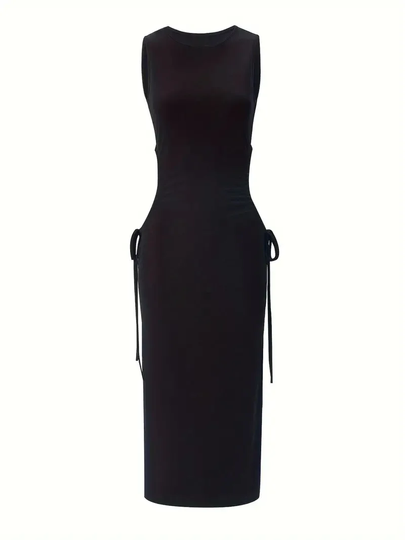 Женское платье без рукавов с круглым вырезом и разрезом на талии