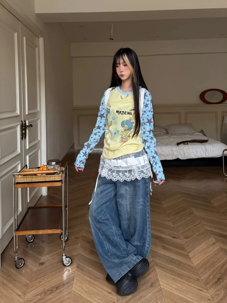 Фото HOUZHOU Y2k белые аниме-графические Juminocore женские футболки Harajuku желтые футболки с длинными рукавами в японском стиле тонкие милые эстетические №2