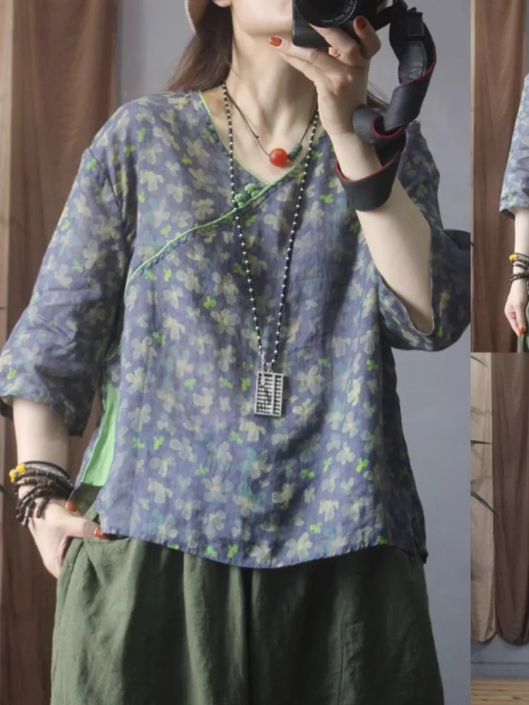 Chinese Sle Artistic Print Diagonal Buckle Ramie Short sleeve Pullover Top Women Loose Thin T-shirt Hanfu Shirt