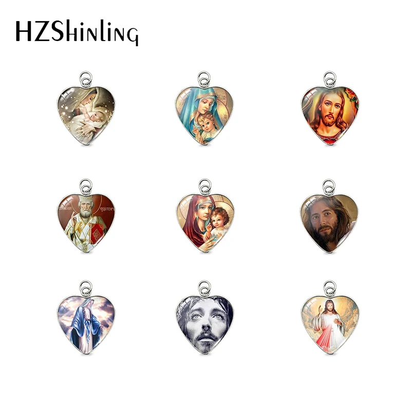 

2023 Newm Arrival Religious Mary and Jesus Glass Cabochon Heart Pendant Handmade Stainless Steel Charm Pendants
