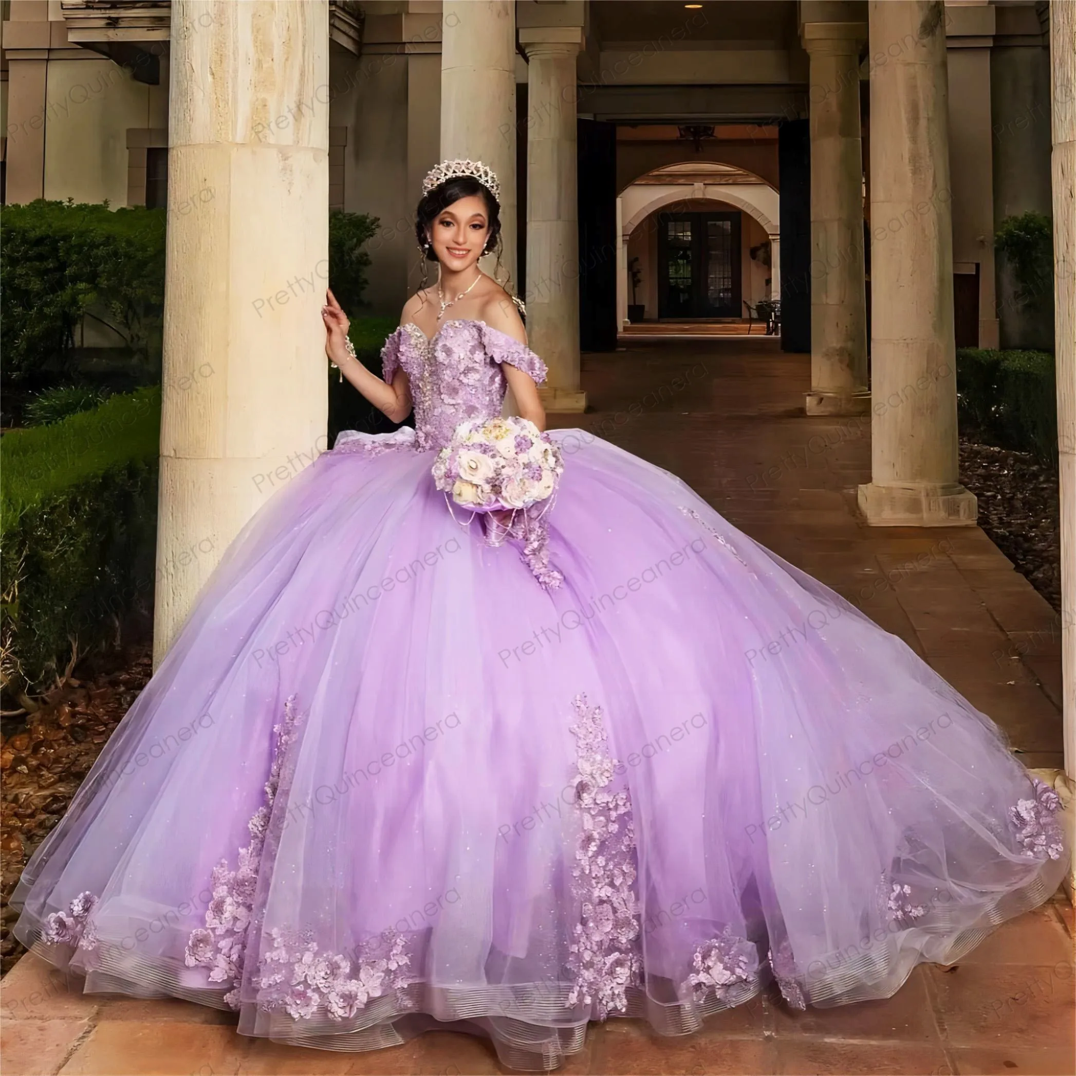 

Сиреневое Цветочное платье с большой юбкой, платья для Quinceanera со шлейфом, рукавами-крылышками, бальное платье ручной работы с цветами, милое платье для выпускного вечера, 15 цветов