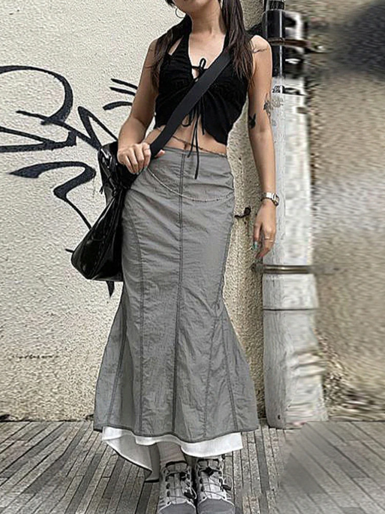 

Low Waist Casual Y2K Trumpet Skirt Mermaid Outdoor Stitching Stripe Vintage Preppy Long Skirts Women Streetwear