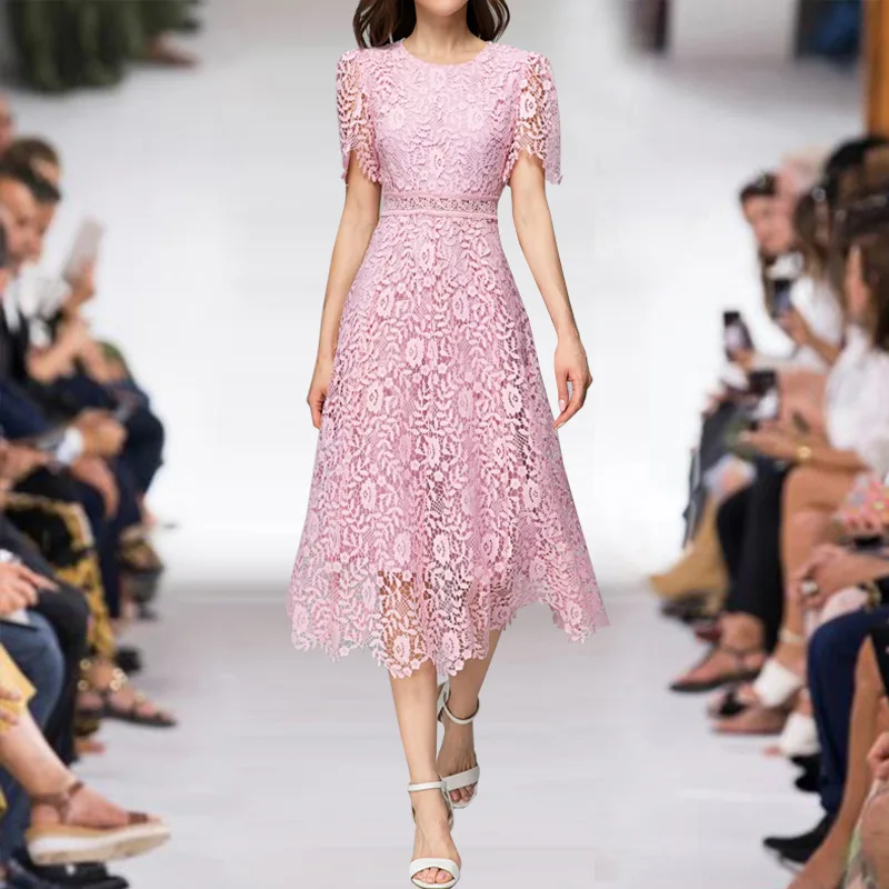 

Женское кружевное платье с круглым вырезом, розовое элегантное облегающее платье средней длины с коротким рукавом, лето 2023