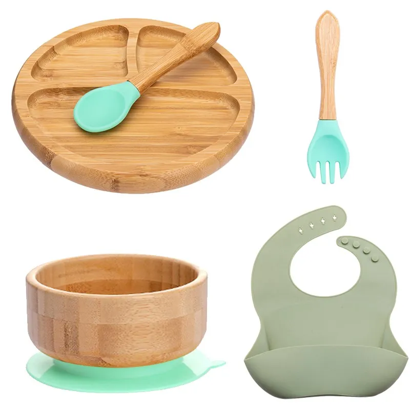 

5Pcs/Set Baby Feeding Bowl Dinner Plate Bib Fork Spoon Kids Feeding Cartoon Tableware Bamboo Wood Non-slip Children's Tableware