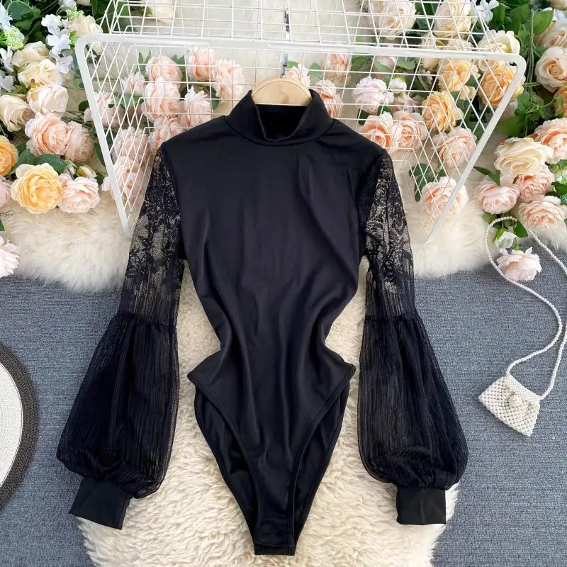 

Autumn Women Sexy Jumpsuit Turtleneck Bodysuit Fashion Slim Lace Long Sleeve Tops Ladies Solid Pullover Bodycon Female