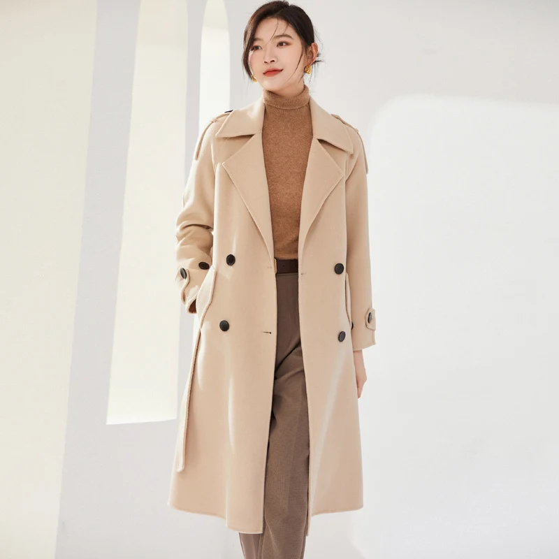 

Женское двустороннее шерстяное пальто, Длинное свободное двубортное пальто из 2022-ной шерсти, Осень-зима 100%