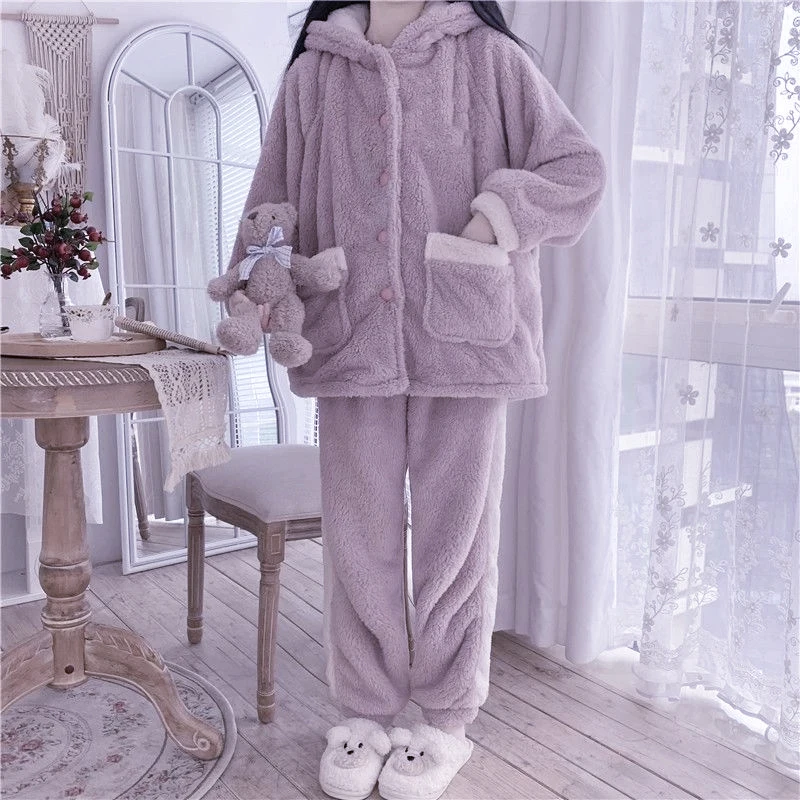 QWEEK Bunny Hooded Women's Pajamas Winter Kawaii Sleepwear Warm Pijama Female Set Woman 2 Pieces Pyjamas Nightwear Girl Pjs Suit