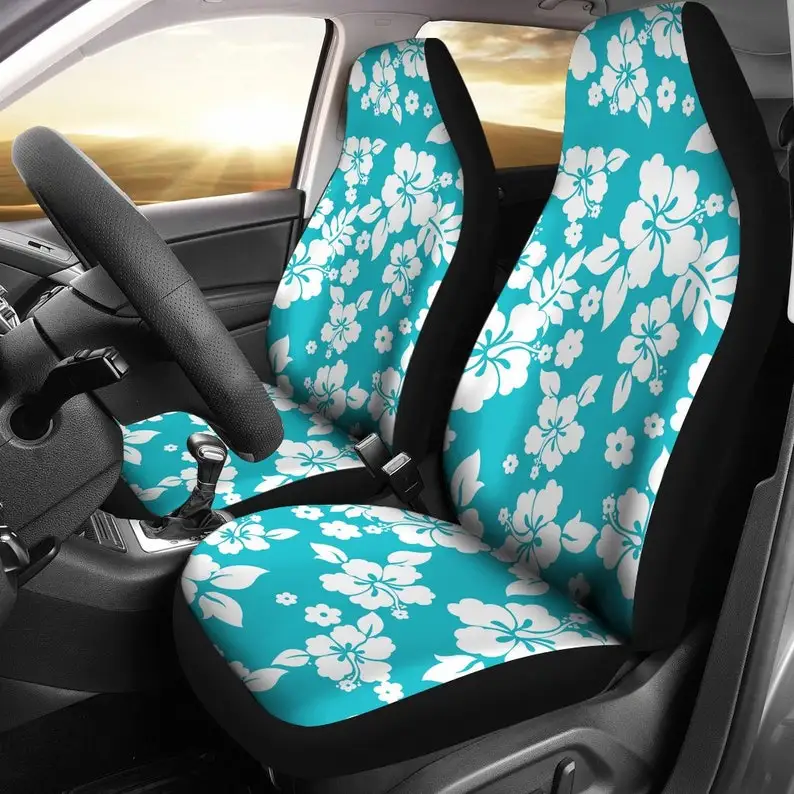

Teal Blue With White Hibiscus Hawaiian Flower Pattern Car Seat Covers Set Universal Bucket Seat Covers For Most Car and SUV Mode