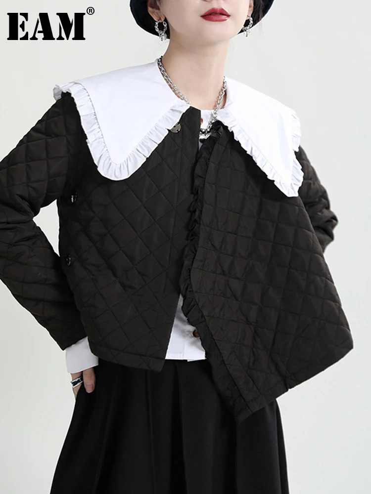 

[EAM] Black Short Warm Cotton-padded Coat Long Sleeve Loose Fit Women Parkas Fashion Tide New Autumn Winter 2021 1DE5136