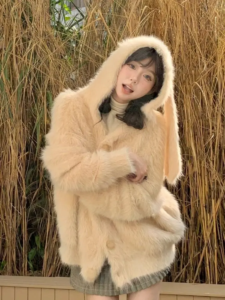 Дизайнерский вязаный кардиган с капюшоном и заячьими ушками новый свободный