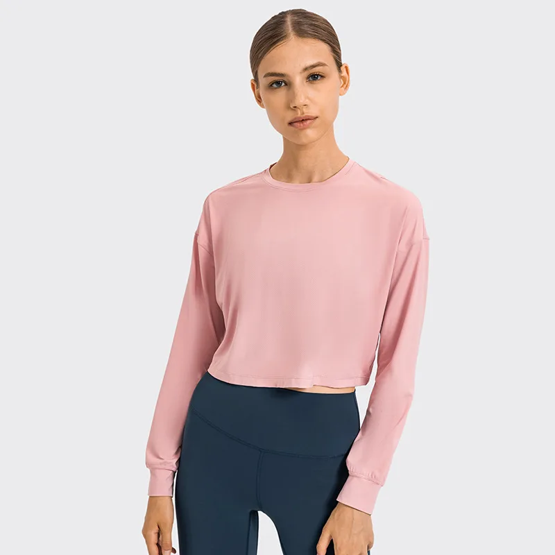 Top Women Yoga Shirts Crop Tops Gym Sexy Sports Shirts Round Neck Jacquard Loose Long Sleeves Soft and Breathable Outdoor Casual