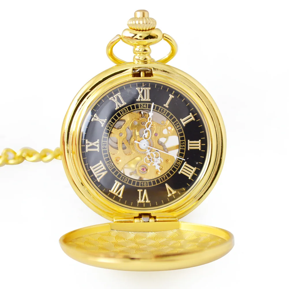 Luxury Gold Mechanical Pocket Watch for Men Women Carving Engraved Case Vintage Black Roman Numeral Dial Fob Chain Pendant Clock