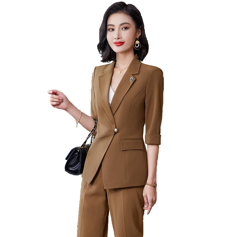 

Brown Suits Women Half Sleeve Fashion Temperament High End 2023 Spring New Slim Formal Blazer And Pants Office Ladies Work Wear