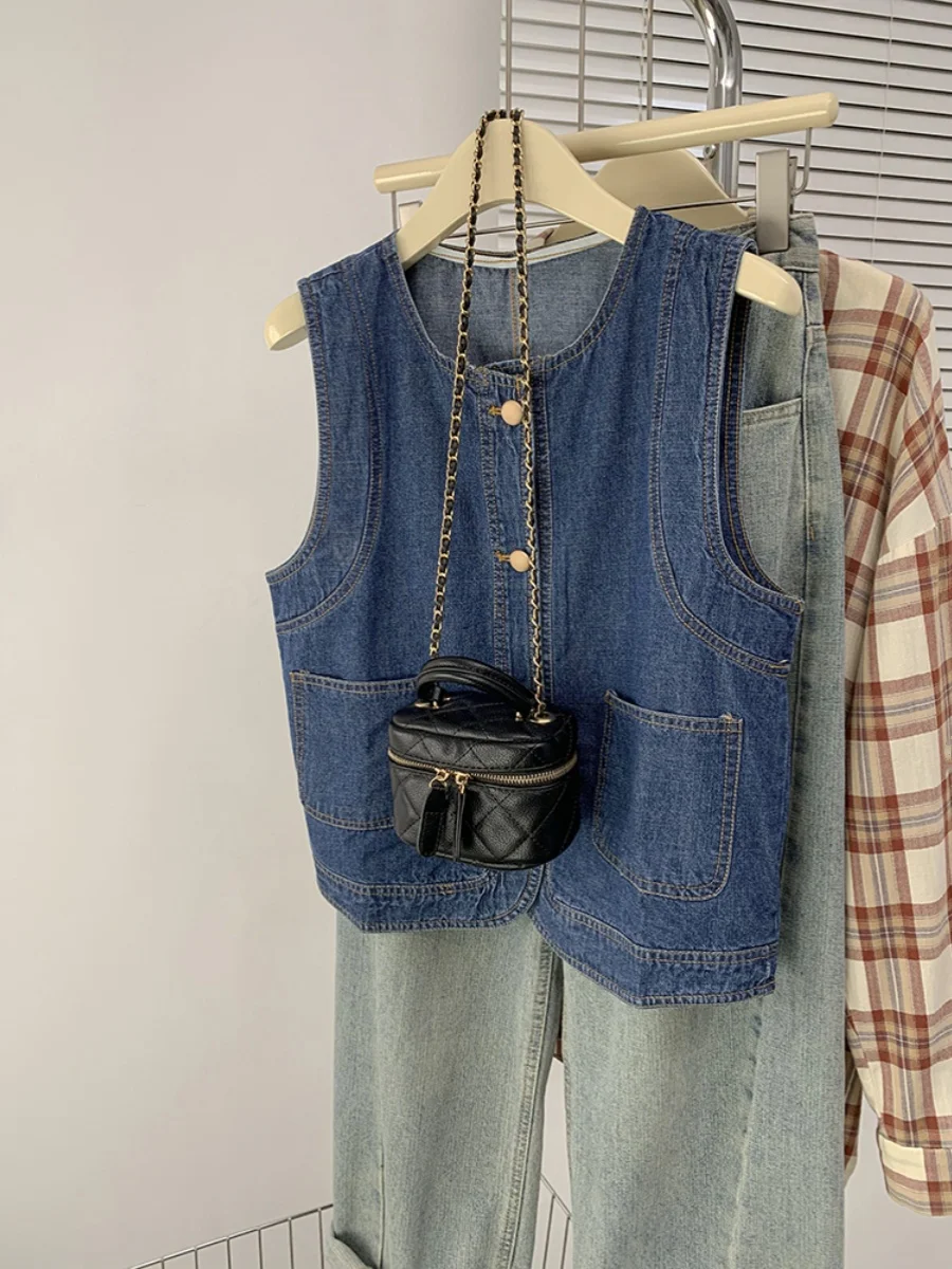 Универсальный модный многослойный жилет в стиле ретро синий женский дизайн