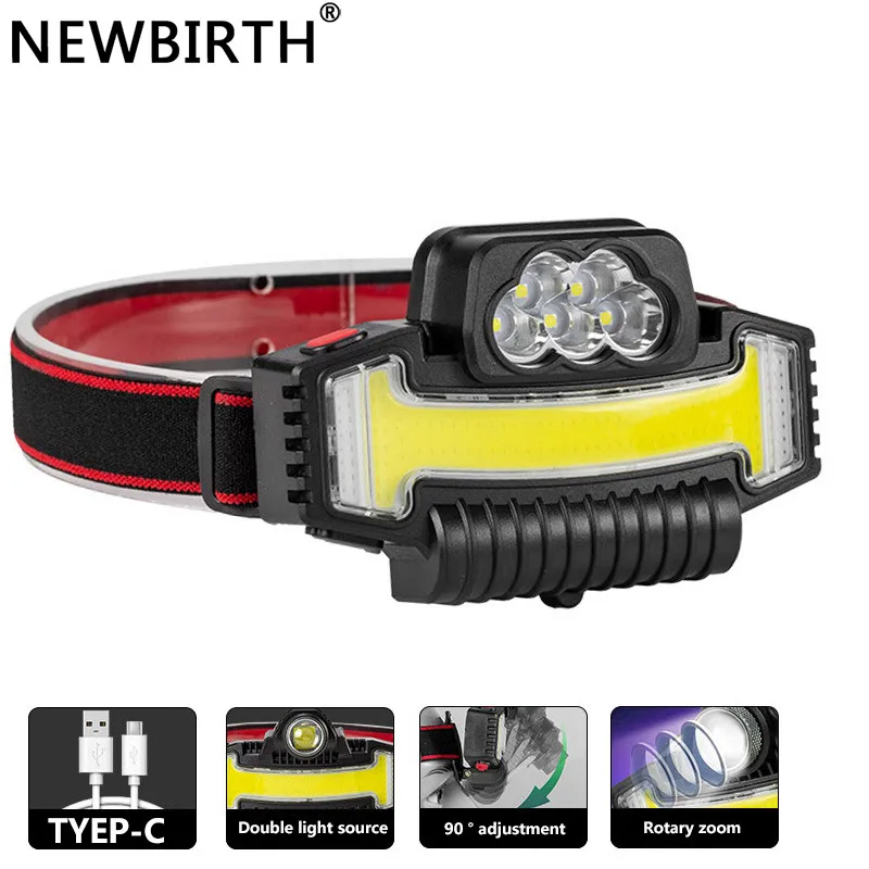 

New Dual Light Source Zoom Tele Multi LED+COB Strong Light Headlamp with Built-in Lithium Battery USB Charging Mini Work Lamp