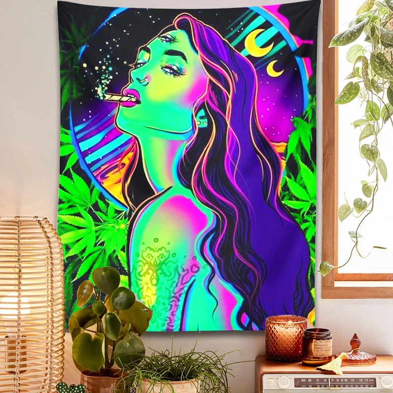 

Moon Girl Tapestry Smoke Psychedelic Leaves Aesthetics Trippy Tapestries Hippie Luminous Hip Hop Carpets Dorm Home Decor Cloth 1